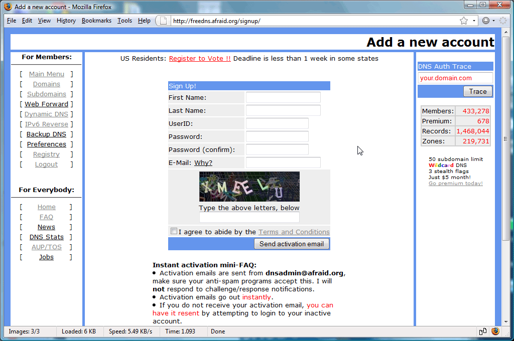 Freedns register page